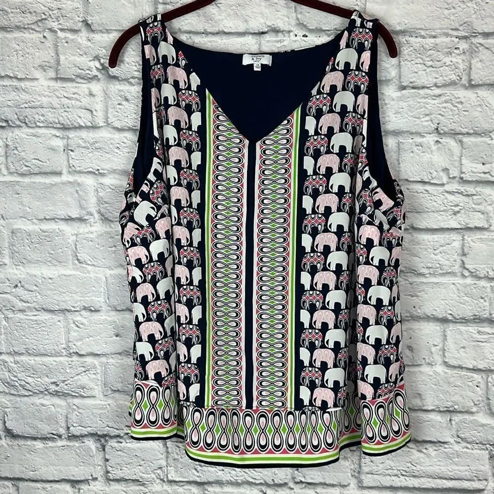 Crown & Ivy Top Womens Navy Elephant Print Sleeveless Tank Layers Blouse Size 2X